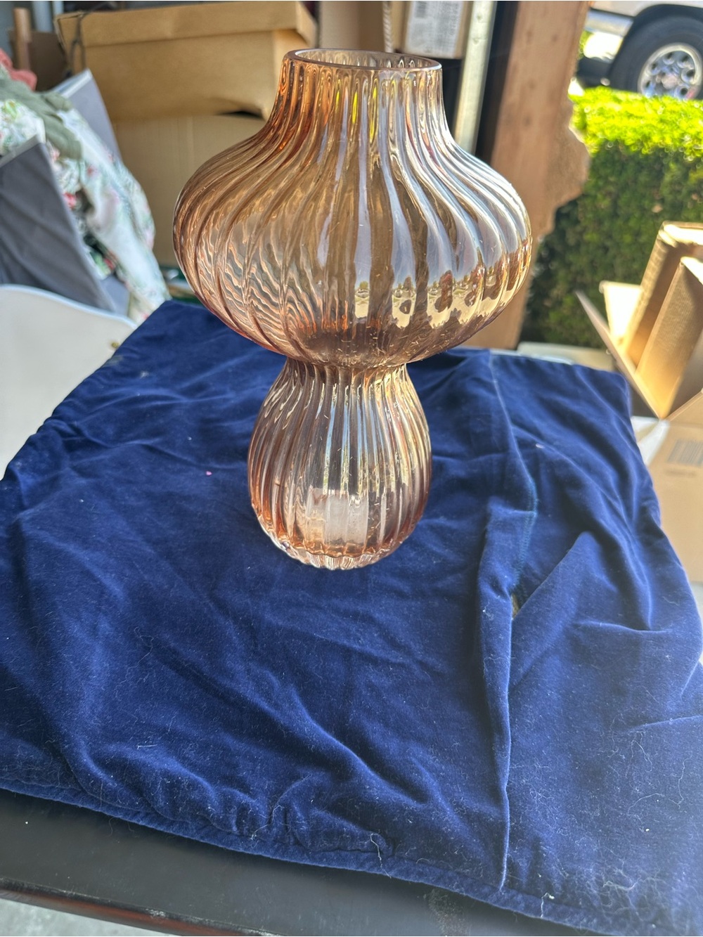 Source Unknown Amber Ribbed Glass Hourglass Vase